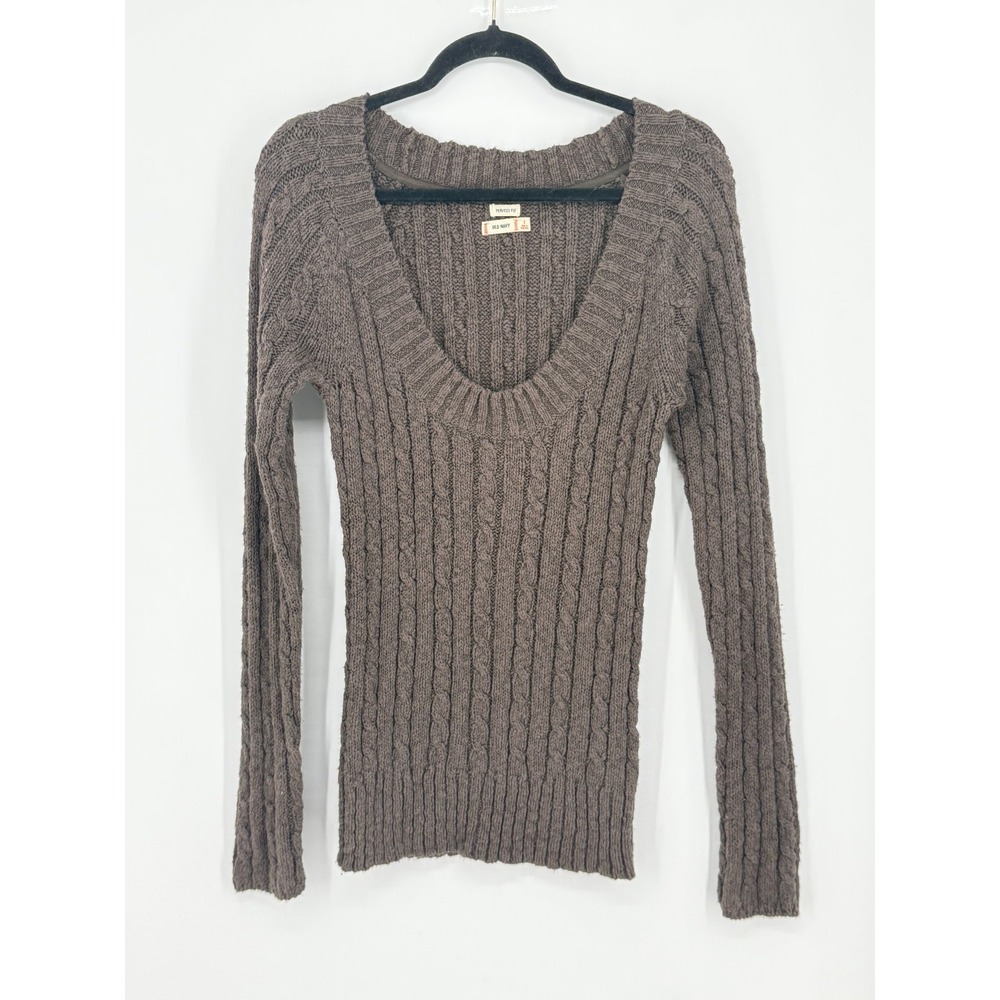 Vintage Y2K Fitted Scoop Neck Long Cable Knit Cotton Sweater Brown Grunge Size L